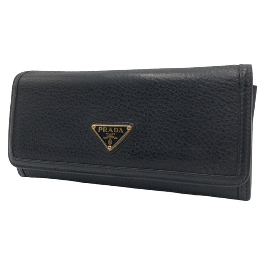 PRADA Vitello Dino Unisex Black Gold Hardware Leather Long Wallet Women's
