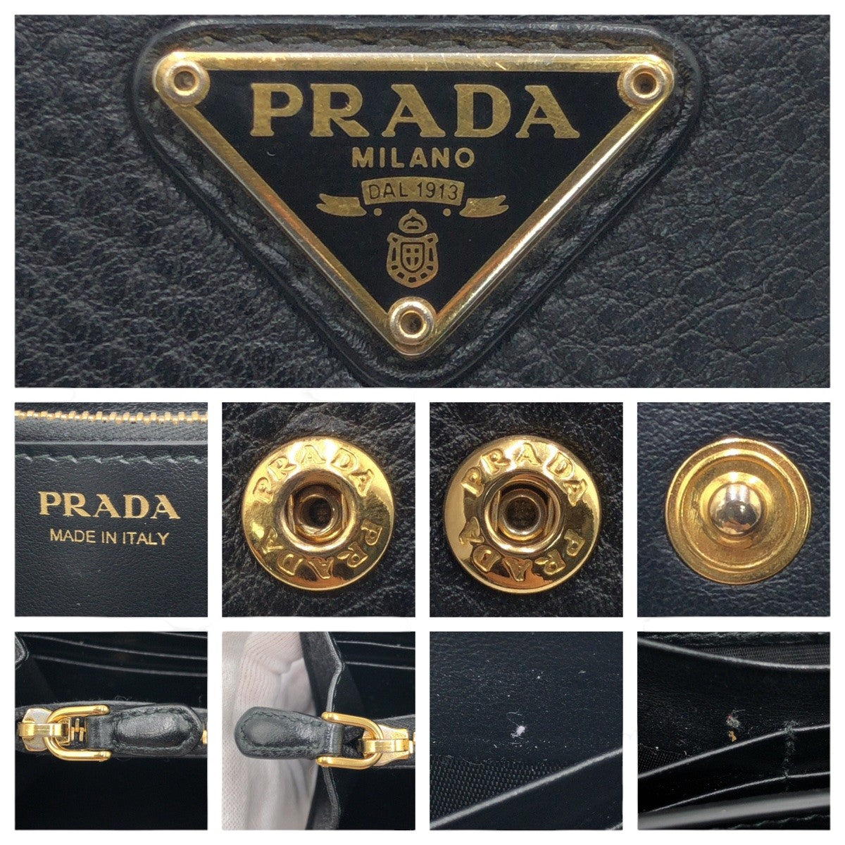 PRADA Vitello Dino Unisex Black Gold Hardware Leather Long Wallet Women's