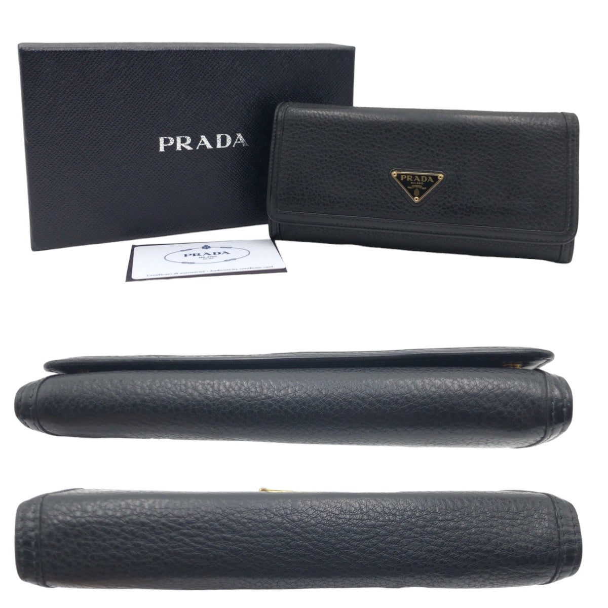 PRADA Vitello Dino Unisex Black Gold Hardware Leather Long Wallet Women's