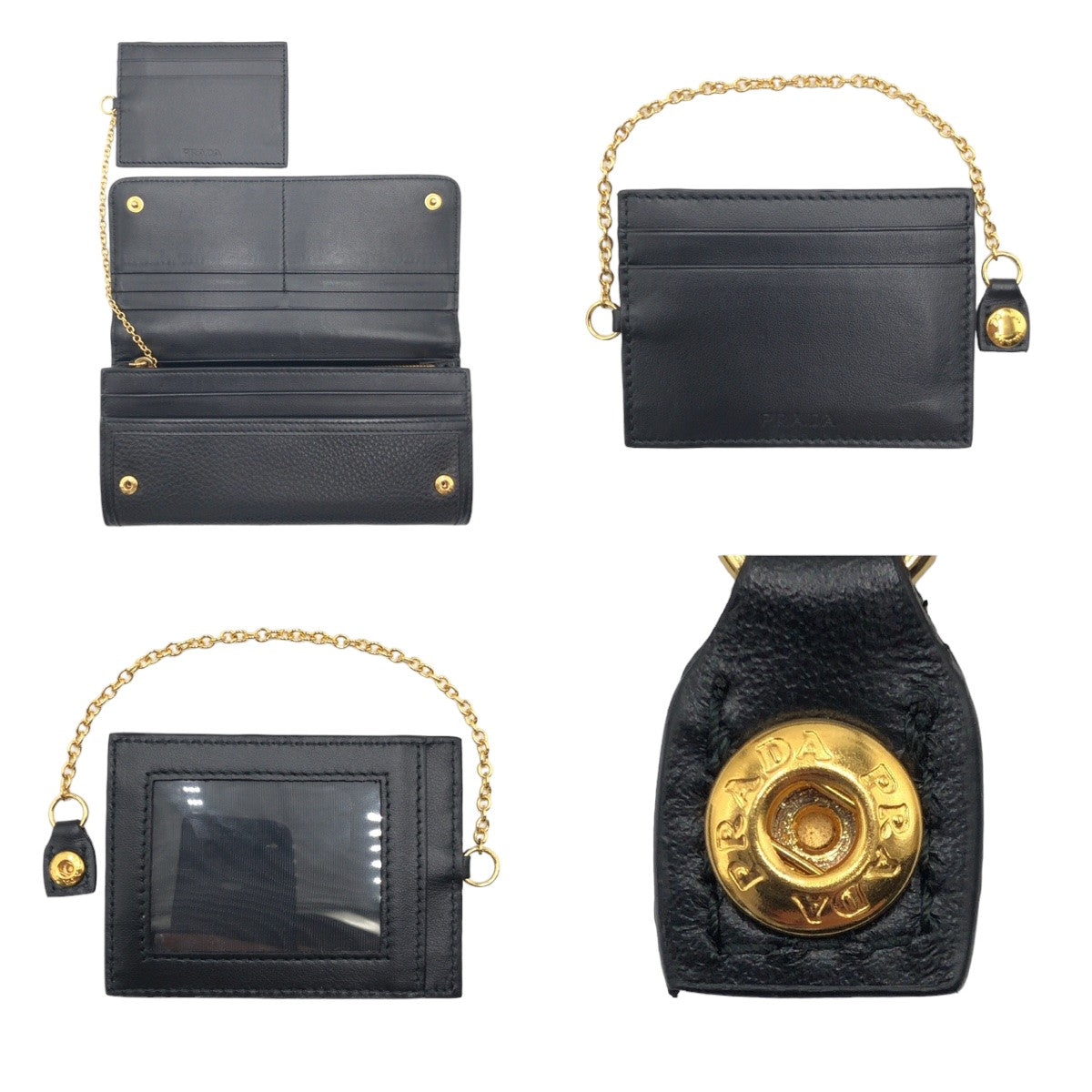 PRADA Vitello Dino Unisex Black Gold Hardware Leather Long Wallet Women's