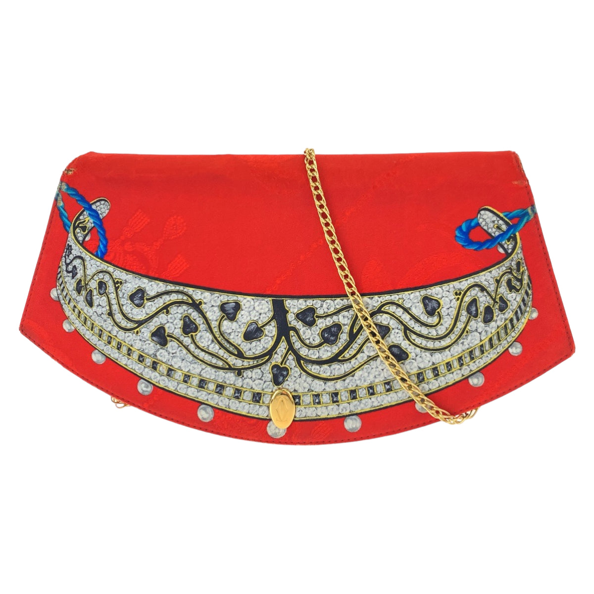 10429
 CARTIER Vintage Jewelry Pattern Bejeweled Pattern Red Multicolor Gold Hardware Silk Chain Shoulder Bag Crossbody for Women