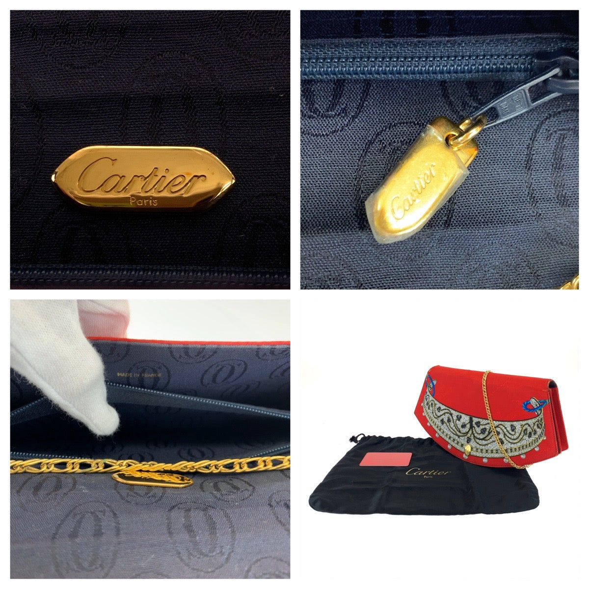 10429
 CARTIER Vintage Jewelry Pattern Bejeweled Pattern Red Multicolor Gold Hardware Silk Chain Shoulder Bag Crossbody for Women