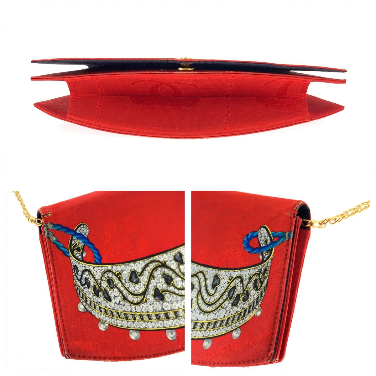 10429
 CARTIER Vintage Jewelry Pattern Bejeweled Pattern Red Multicolor Gold Hardware Silk Chain Shoulder Bag Crossbody for Women