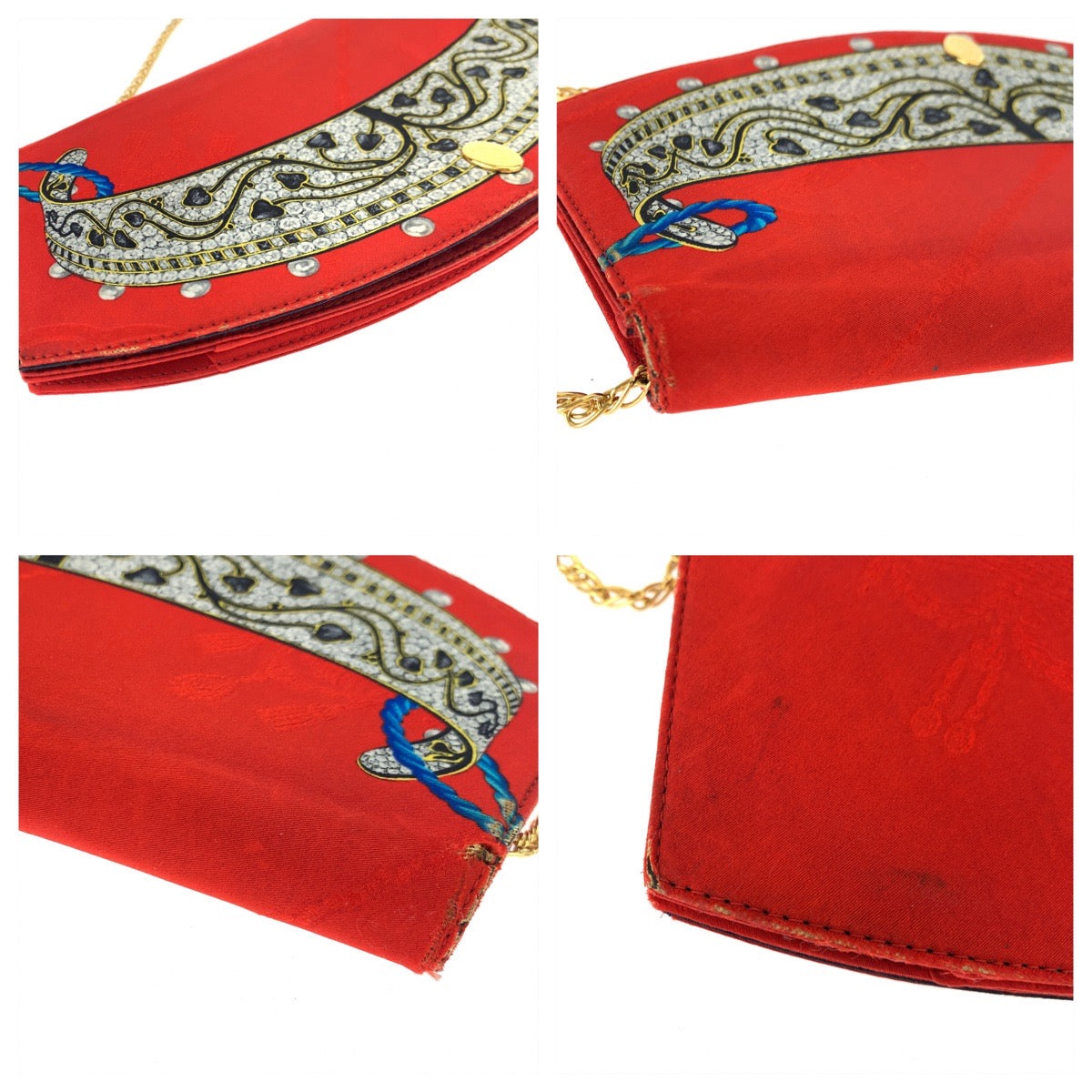 10429
 CARTIER Vintage Jewelry Pattern Bejeweled Pattern Red Multicolor Gold Hardware Silk Chain Shoulder Bag Crossbody for Women