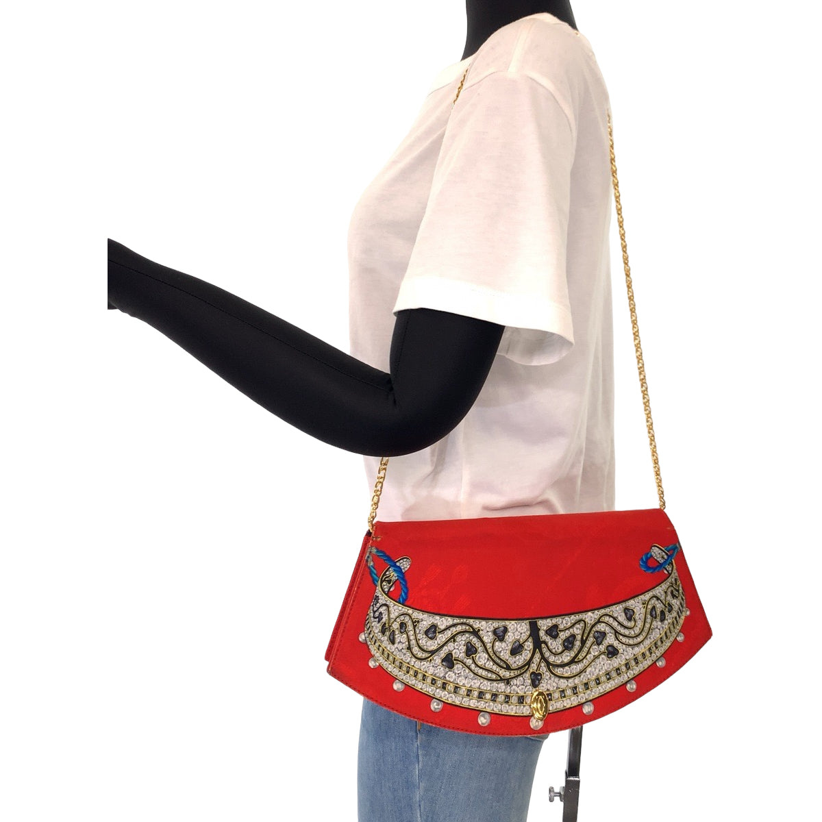 10429
 CARTIER Vintage Jewelry Pattern Bejeweled Pattern Red Multicolor Gold Hardware Silk Chain Shoulder Bag Crossbody for Women