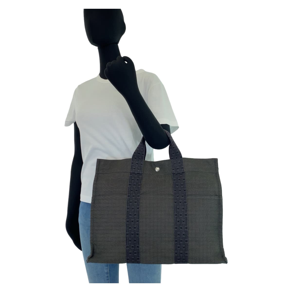 H-00617
HERMES エルメス エールラインMM グレー キャンバス トートバッグ ハンドバッグ  レディース