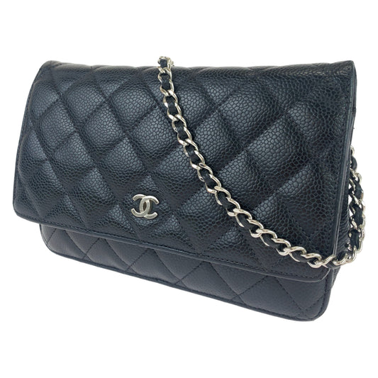CHANEL シャネル マトラッセ ココマーク ブラック 黒 シルバー金具 キャビアスキン 斜め掛け チェーンウォレット 長財布  レディース