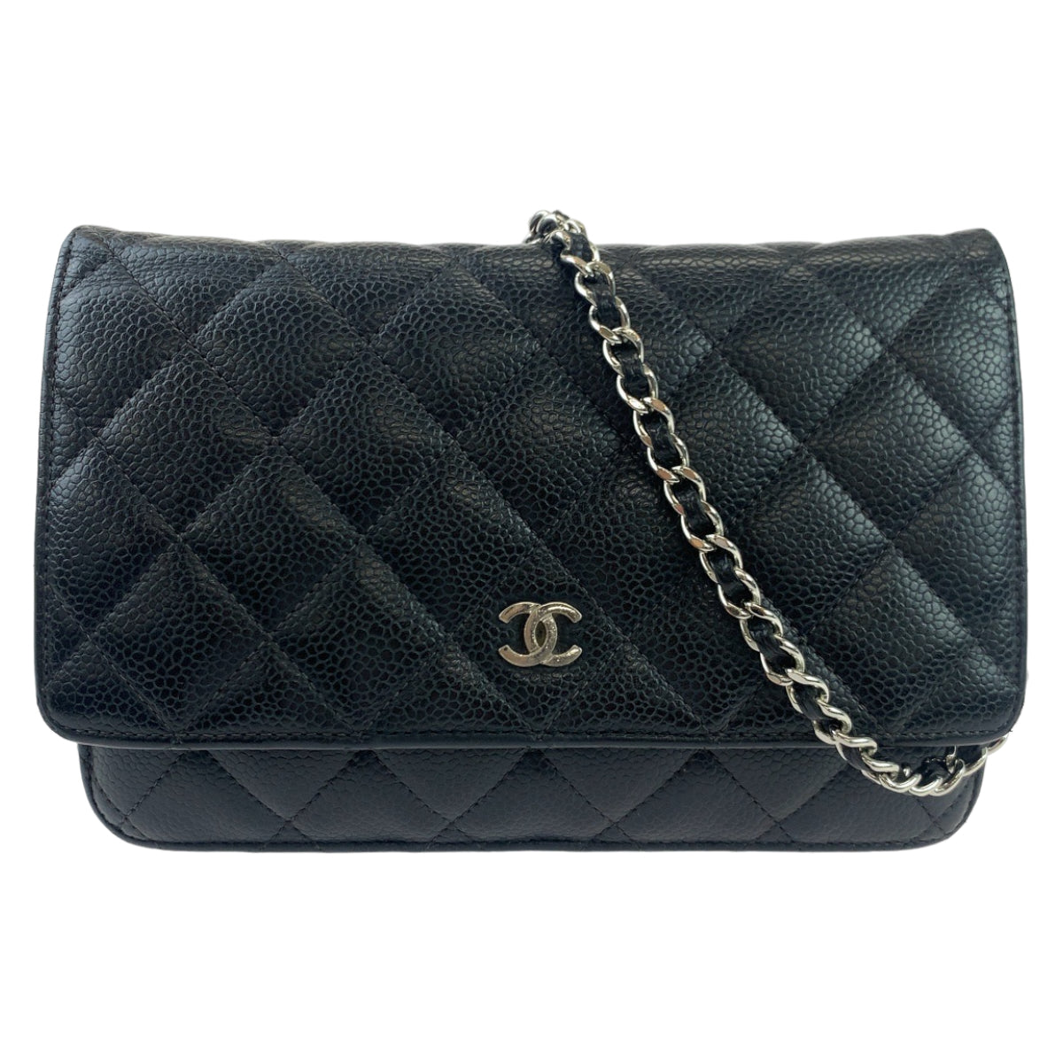 CHANEL シャネル マトラッセ ココマーク ブラック 黒 シルバー金具 キャビアスキン 斜め掛け チェーンウォレット 長財布  レディース