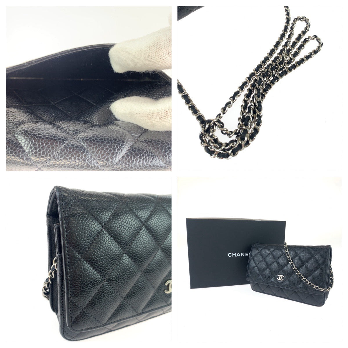 CHANEL シャネル マトラッセ ココマーク ブラック 黒 シルバー金具 キャビアスキン 斜め掛け チェーンウォレット 長財布  レディース