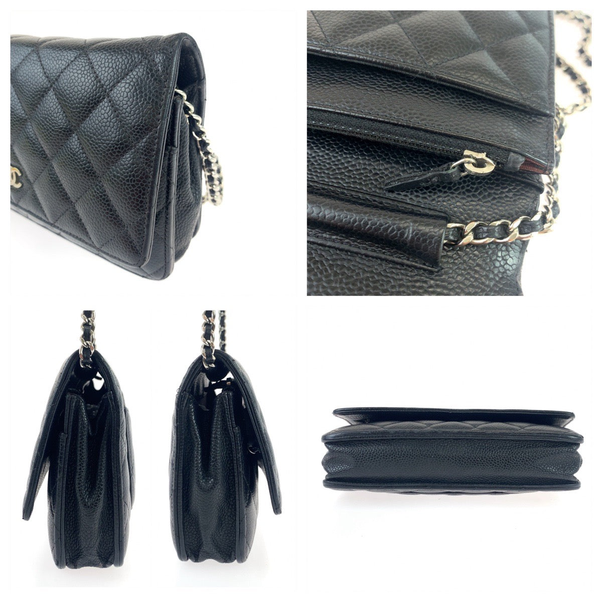 CHANEL シャネル マトラッセ ココマーク ブラック 黒 シルバー金具 キャビアスキン 斜め掛け チェーンウォレット 長財布  レディース
