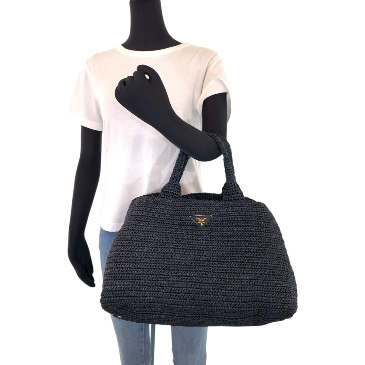 H-00625
PRADA プラダ カナパ 三角ロゴプレート ネイビー 紺 ラフィア BN2302 ボストンバッグ ハンドバッグ  レディース