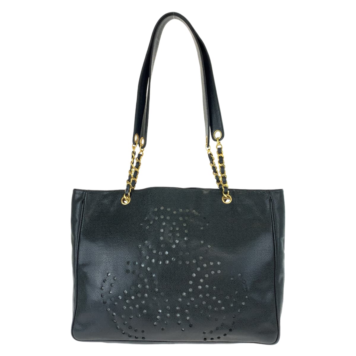 10442
 CHANEL Triple Coco Mark Punching Coco Mark Black Gold Hardware Caviar Skin Chain Tote Bag Shoulder Bag Women's