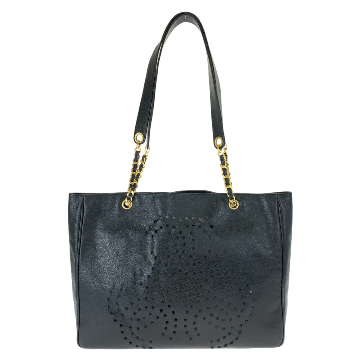 10442
 CHANEL Triple Coco Mark Punching Coco Mark Black Gold Hardware Caviar Skin Chain Tote Bag Shoulder Bag Women's