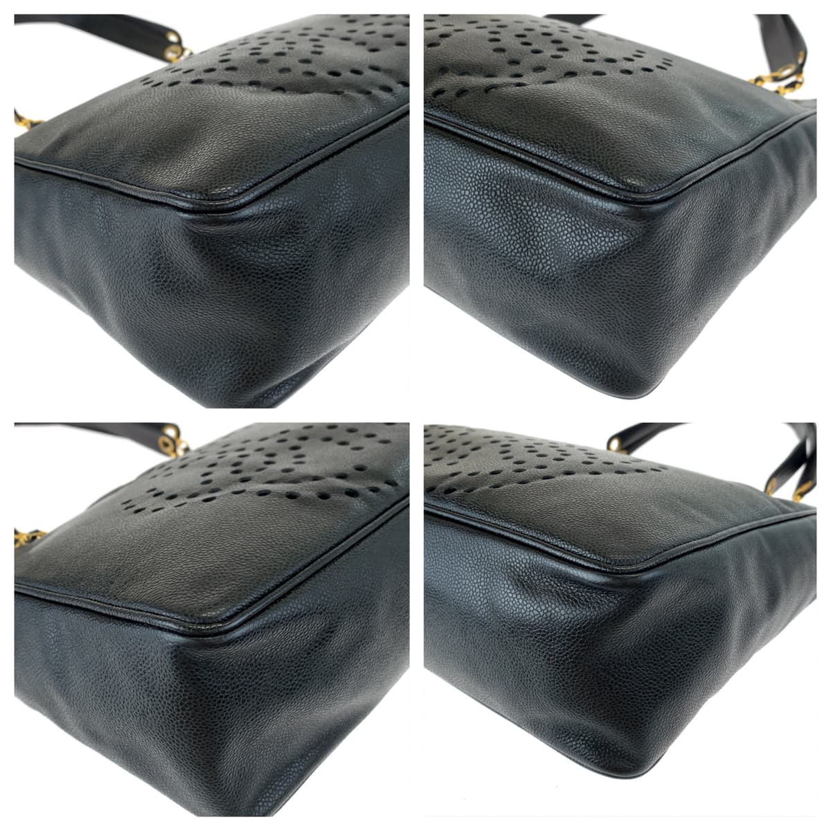 10442
 CHANEL Triple Coco Mark Punching Coco Mark Black Gold Hardware Caviar Skin Chain Tote Bag Shoulder Bag Women's