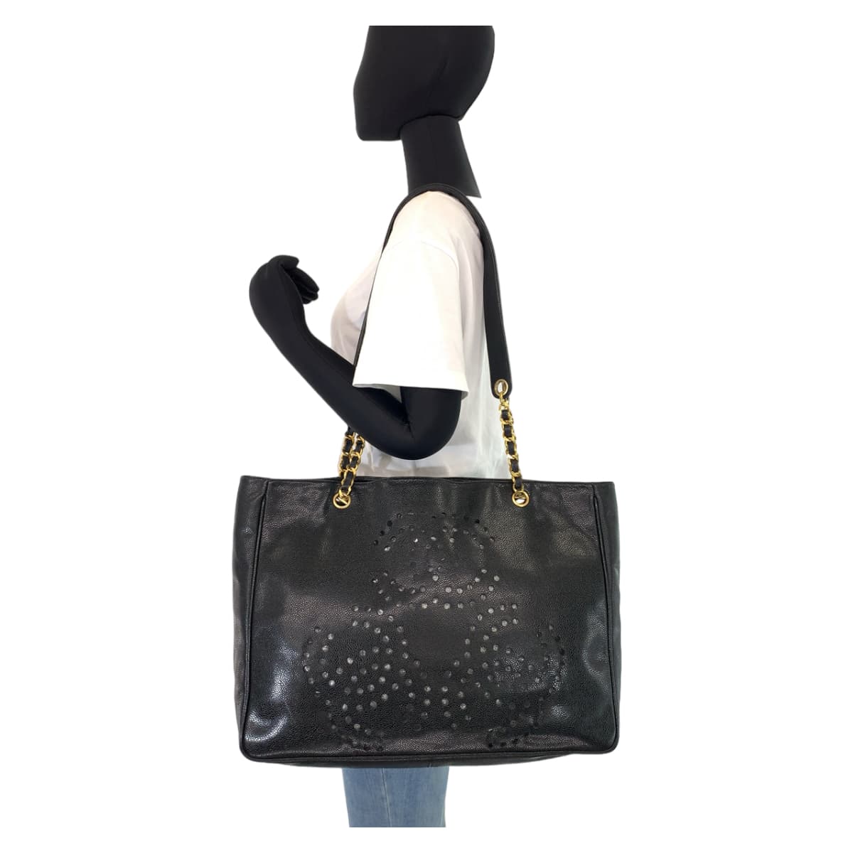 10442
 CHANEL Triple Coco Mark Punching Coco Mark Black Gold Hardware Caviar Skin Chain Tote Bag Shoulder Bag Women's