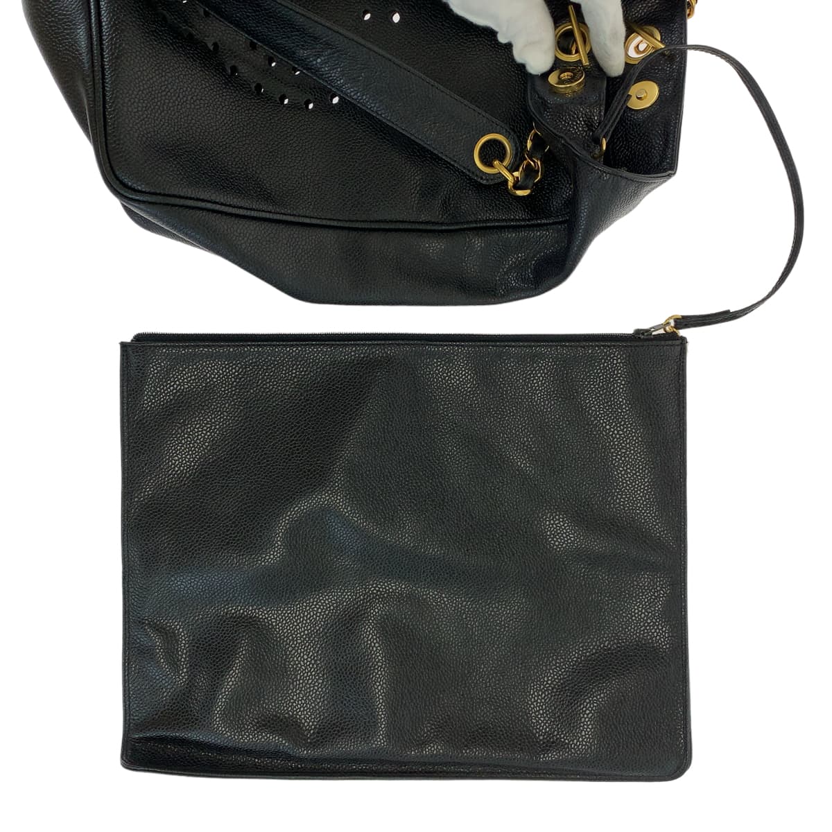 10442
 CHANEL Triple Coco Mark Punching Coco Mark Black Gold Hardware Caviar Skin Chain Tote Bag Shoulder Bag Women's