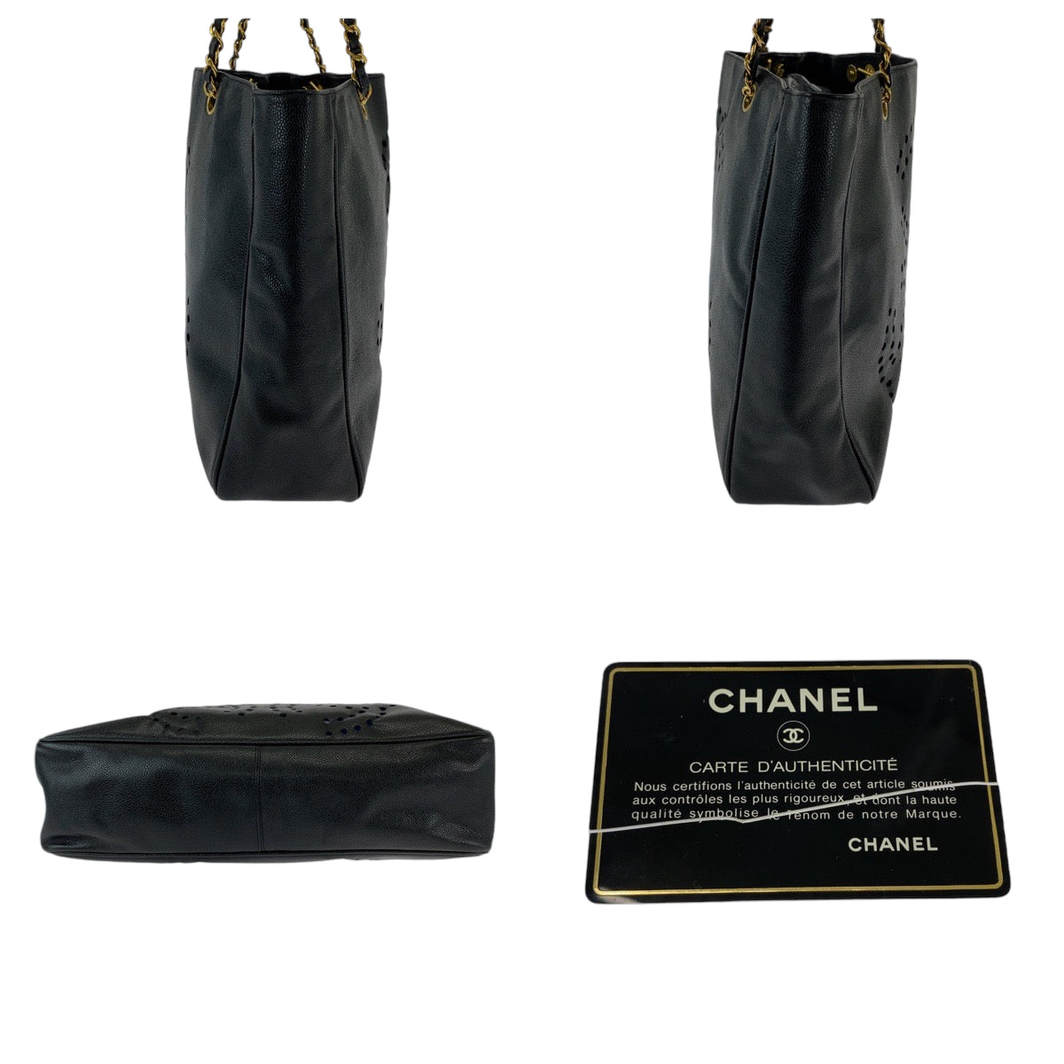 10442
 CHANEL Triple Coco Mark Punching Coco Mark Black Gold Hardware Caviar Skin Chain Tote Bag Shoulder Bag Women's