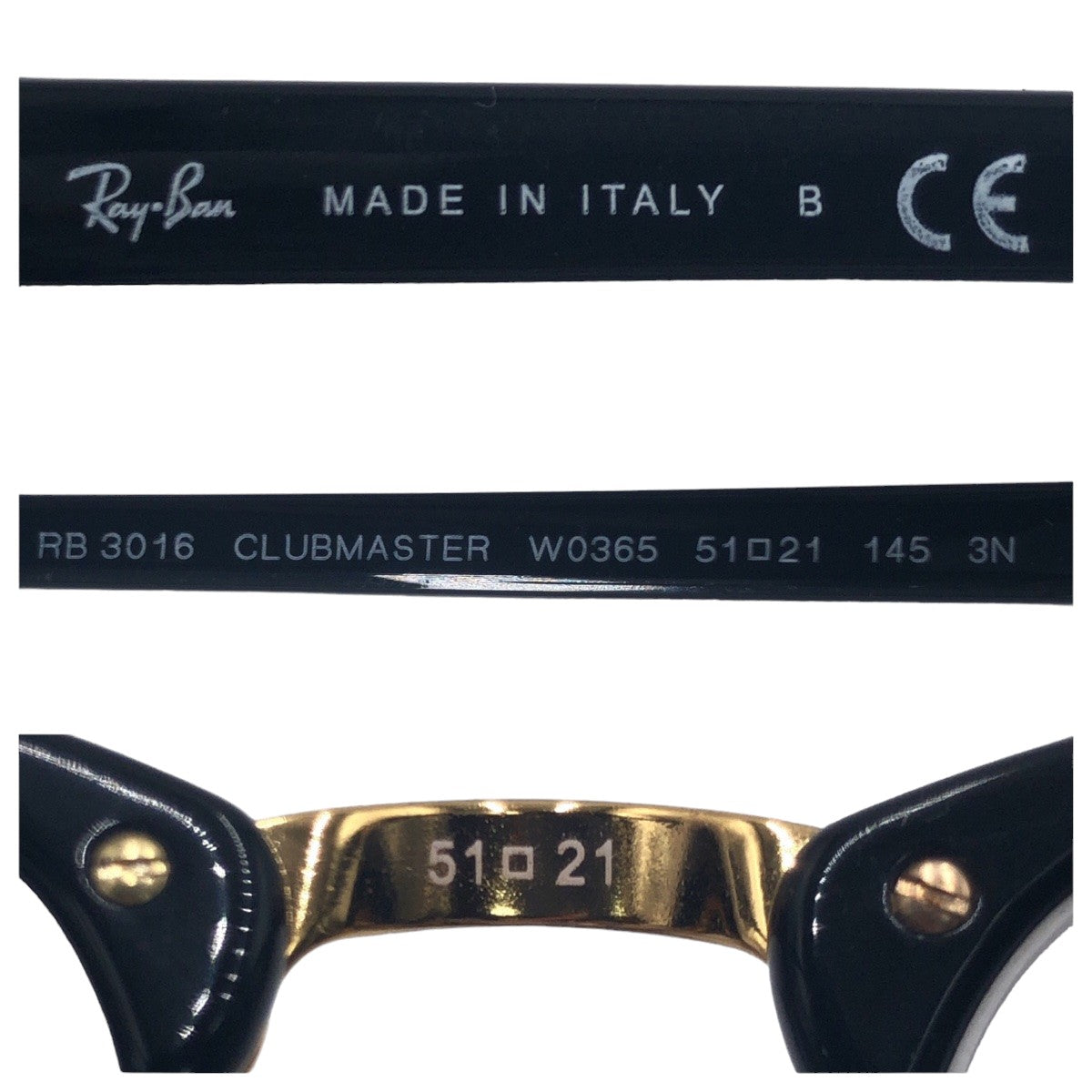 Ray-Ban Clubmaster Unisex Black Gold Plastic/Metal RB3016 W0365 51◻︎21 145 3N Sunglasses Wellington Men's