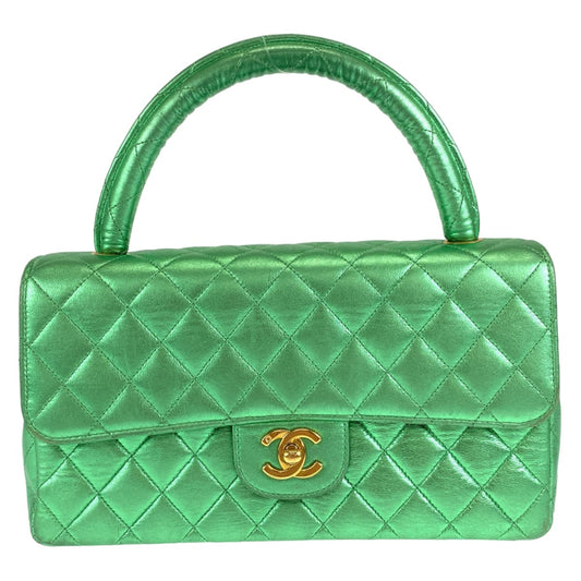 10445
 CHANEL Vintage Matelasse Parents Only Coco Mark Turnlock Metallic Green Gold Hardware Lambskin Parent-Child Bag Handbag Vanity Bag Women's