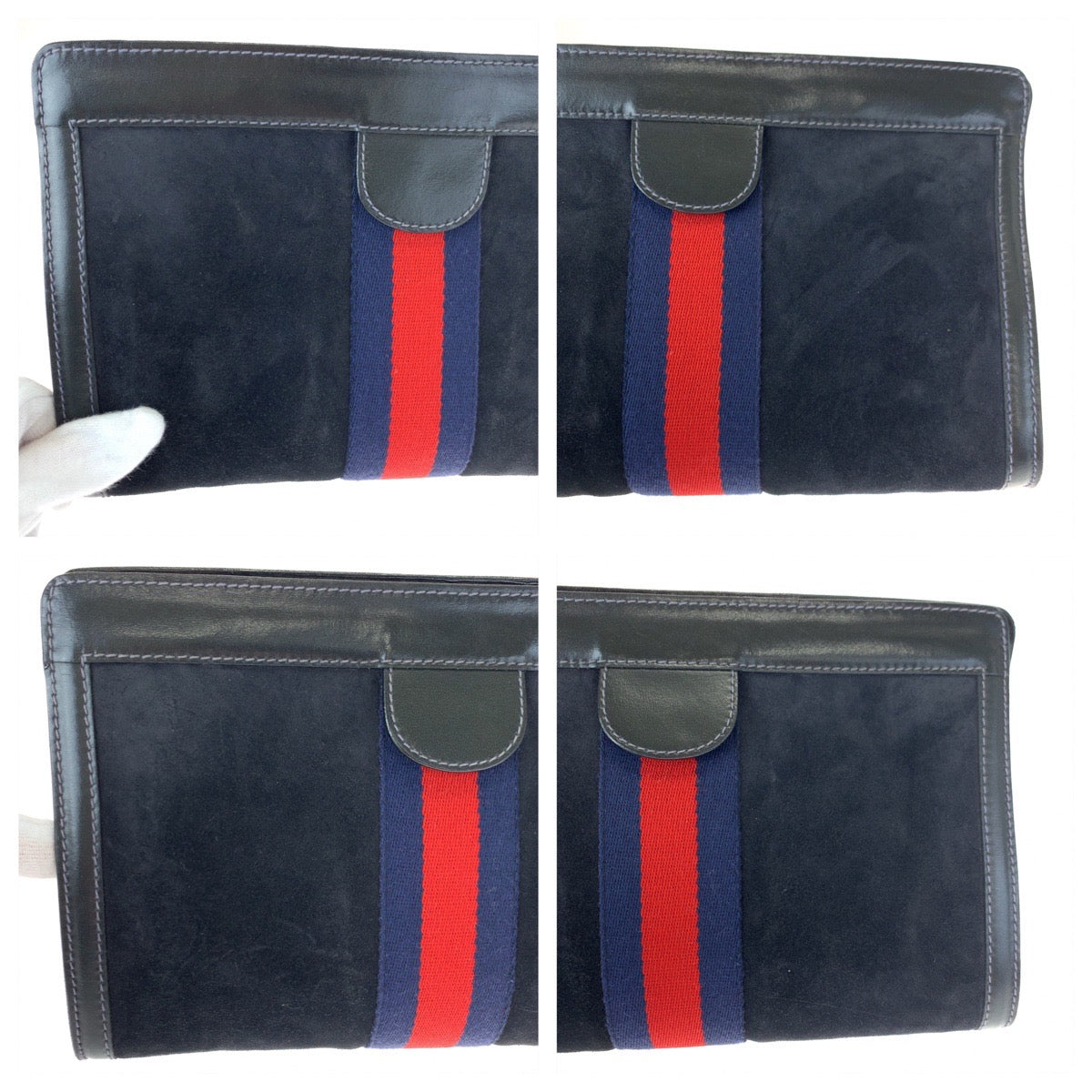 GUCCI グッチ ヴィンテージ オールドグッチ シェリーライン ブラック 黒 レッド 赤 ネイビー 紺 スウェード クラッチバッグ セカンドバッグ  メンズ