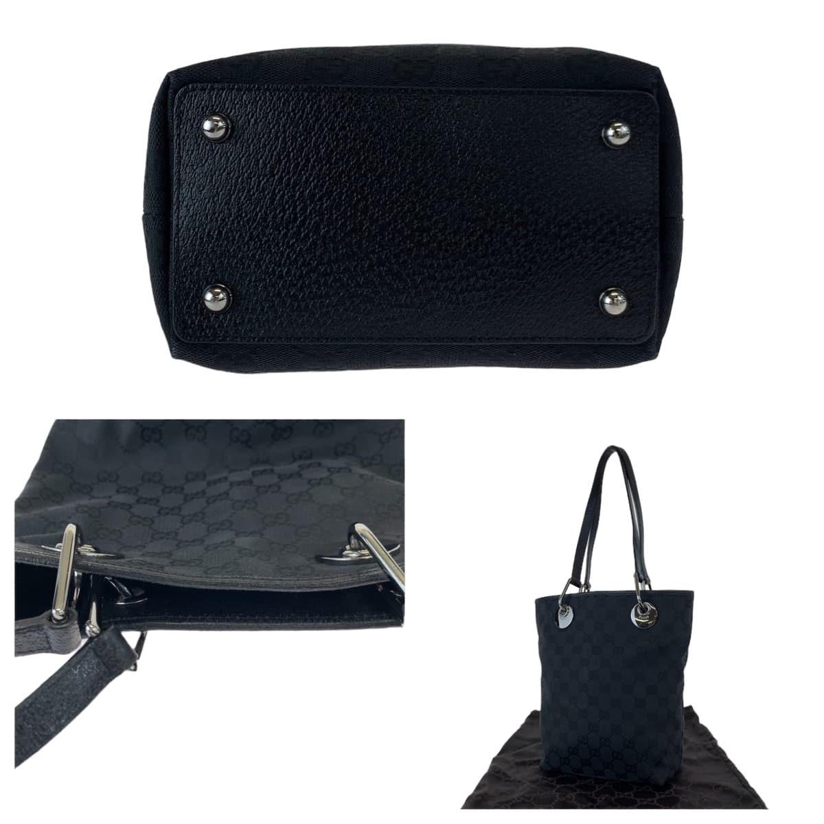 10447
 GUCCI Gucci Black Silver Hardware GG Canvas/Leather 120840 Tote Bag Handbag Women's