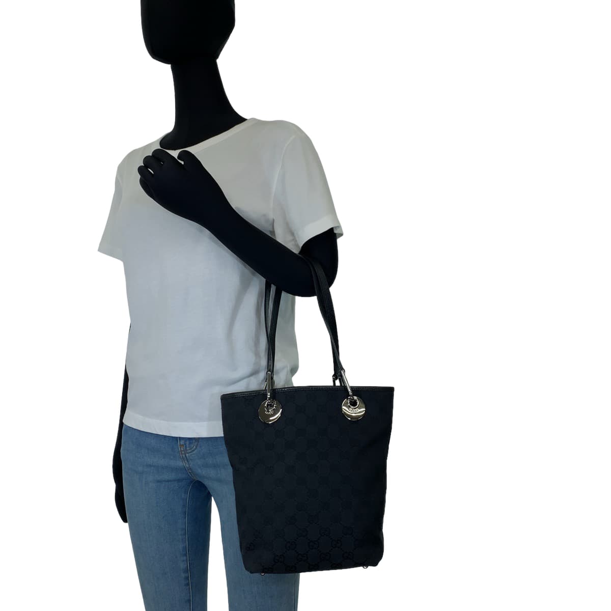 10447
 GUCCI Gucci Black Silver Hardware GG Canvas/Leather 120840 Tote Bag Handbag Women's