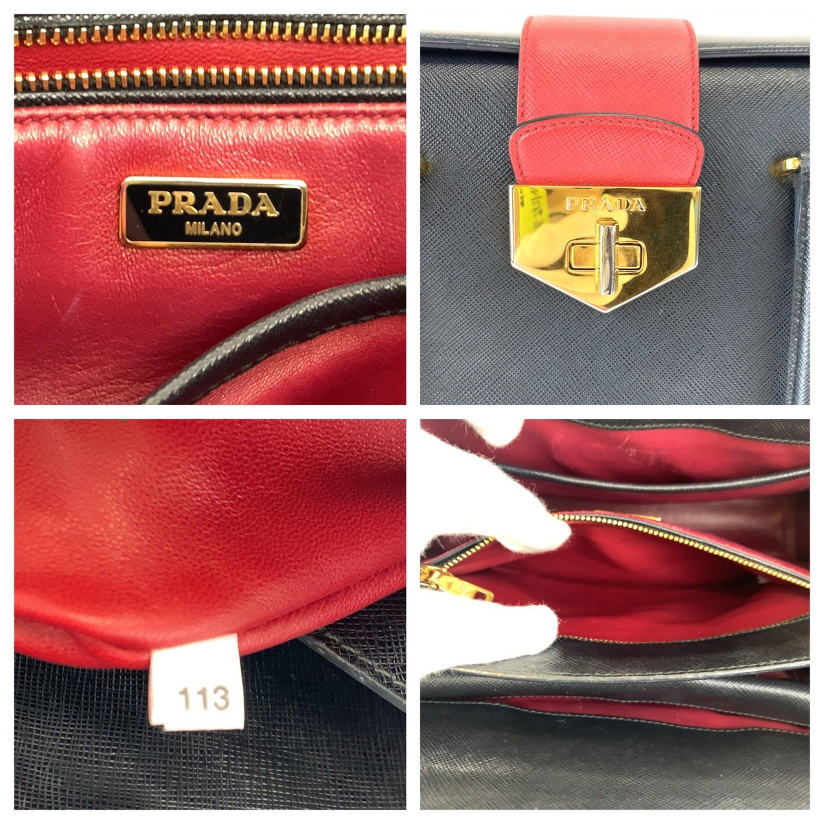 10453
PRADA プラダ サフィアーノレザー ブラック レッド ゴールド金具 レザー B2725C ハンドバッグ トートバッグ  レディース