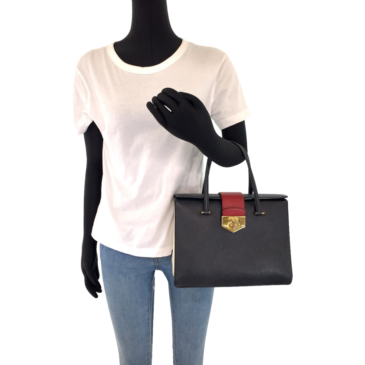 10453
 PRADA Prada Saffiano Leather Black Red Gold Hardware Leather B2725C Handbag Tote Bag Women's