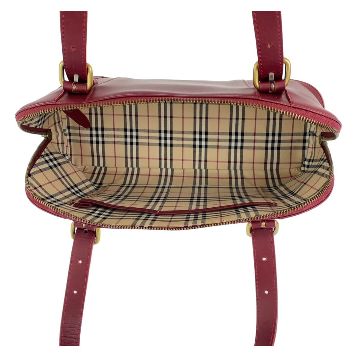 10454
BURBERRY バーバリー 中チェック柄 レッド ゴールド金具 レザー ハンドバッグ ショルダーバッグ ボストンバッグ  レディース