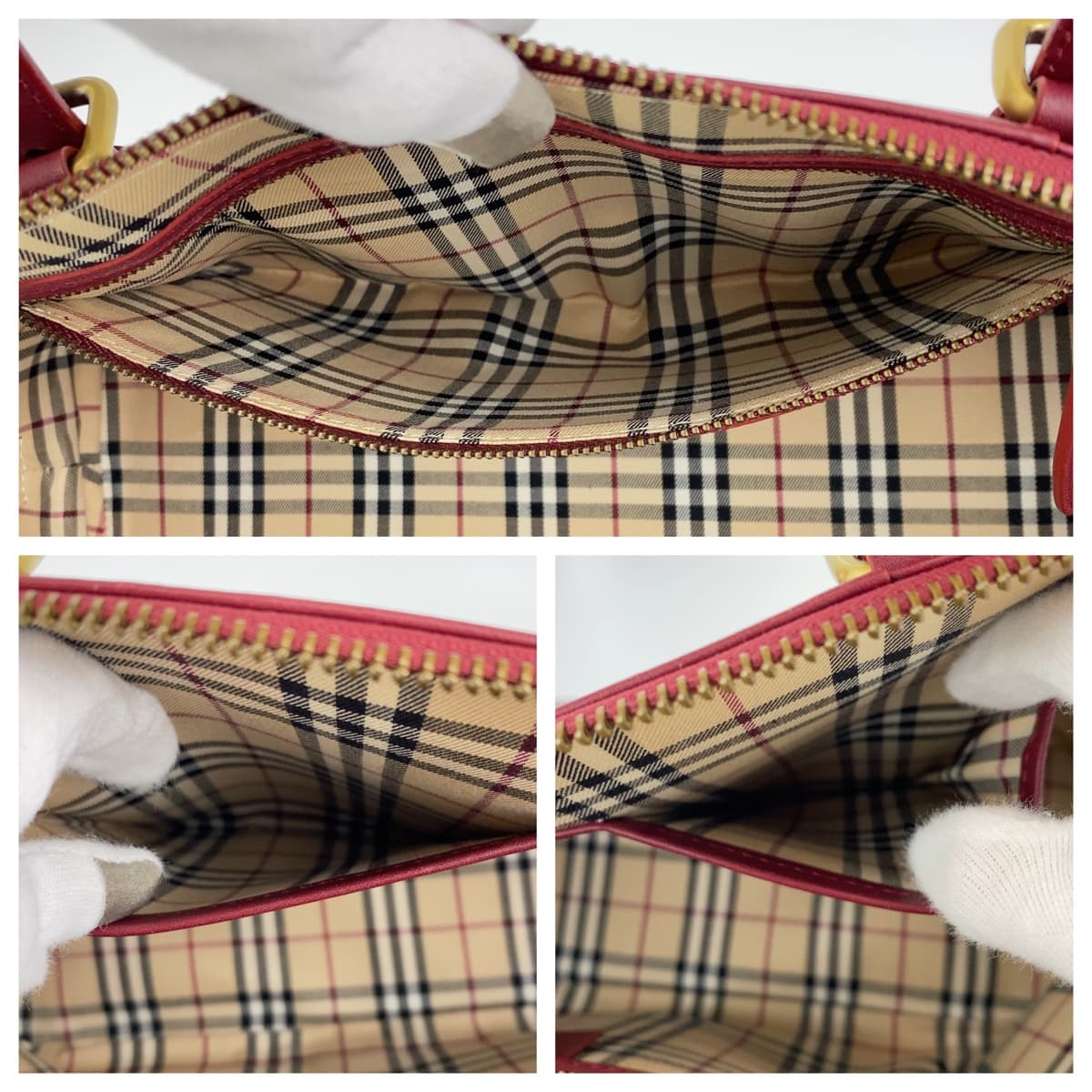 10454
BURBERRY バーバリー 中チェック柄 レッド ゴールド金具 レザー ハンドバッグ ショルダーバッグ ボストンバッグ  レディース