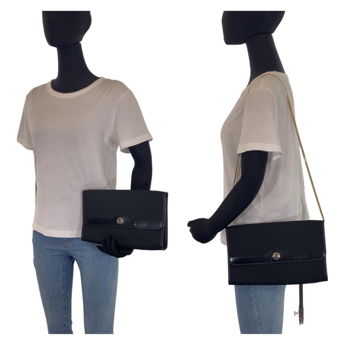 10455
 Dior Vintage Trotter Black Gold Hardware Canvas Chain Shoulder Bag Clutch Bag for Women