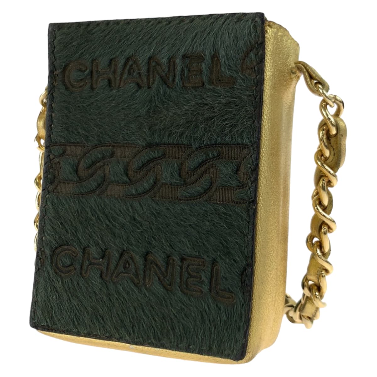 10461
CHANEL シャネル ヴィンテージ ココマーク カーキ ゴールド ハラコ / レザー チェーンショルダーバッグ シガレットケース ポーチ  レディース