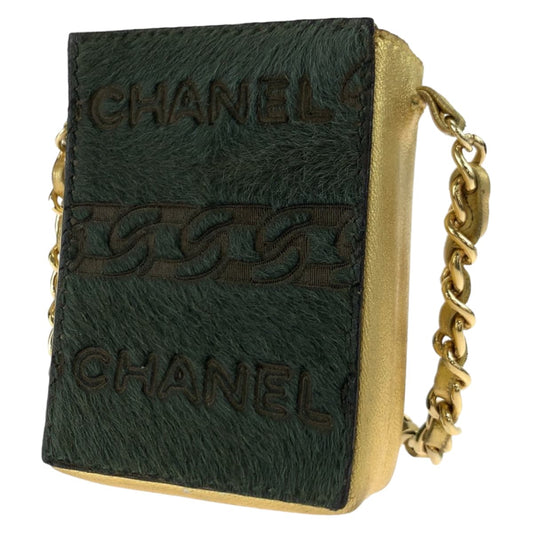 10461
 CHANEL Vintage Coco Mark Khaki Gold Pony/Leather Chain Shoulder Bag Cigarette Case Pouch Women's