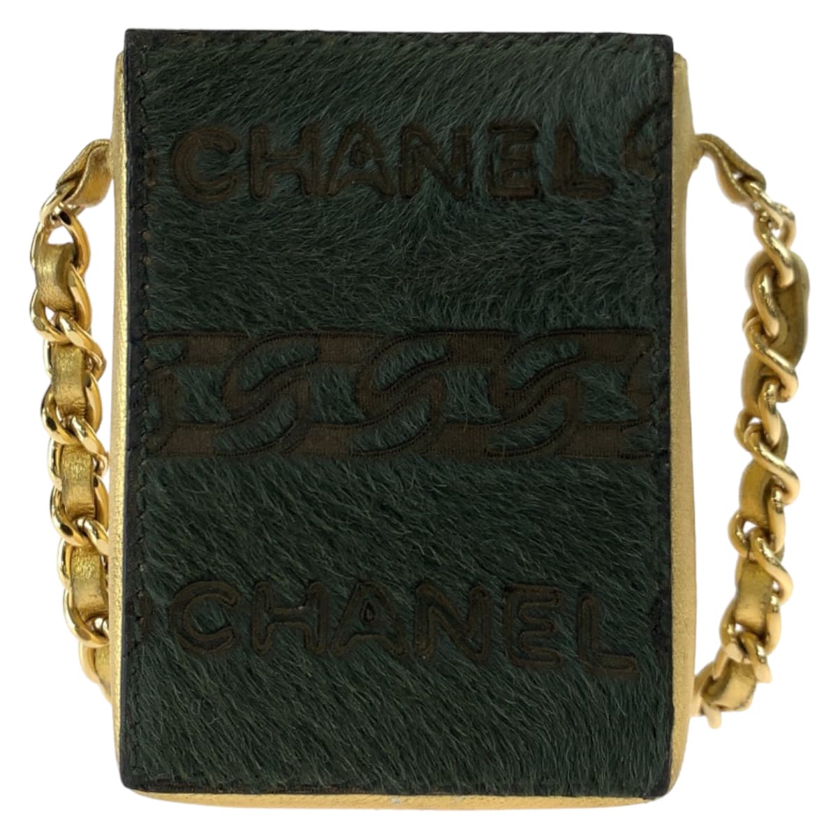 10461
 CHANEL Vintage Coco Mark Khaki Gold Pony/Leather Chain Shoulder Bag Cigarette Case Pouch Women's