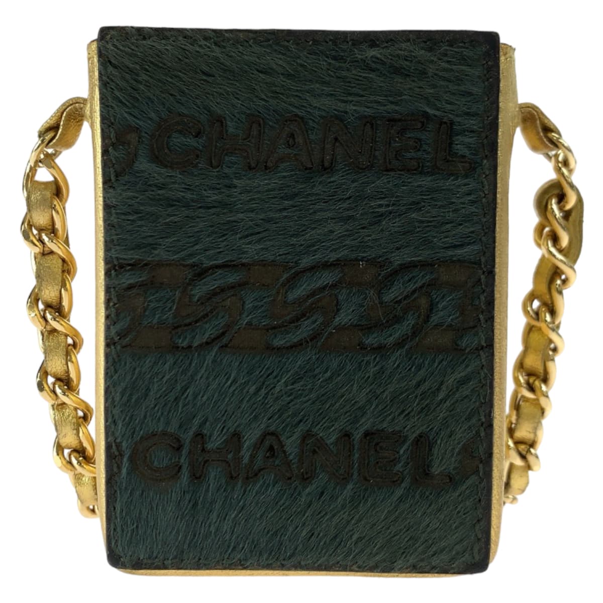 10461
 CHANEL Vintage Coco Mark Khaki Gold Pony/Leather Chain Shoulder Bag Cigarette Case Pouch Women's