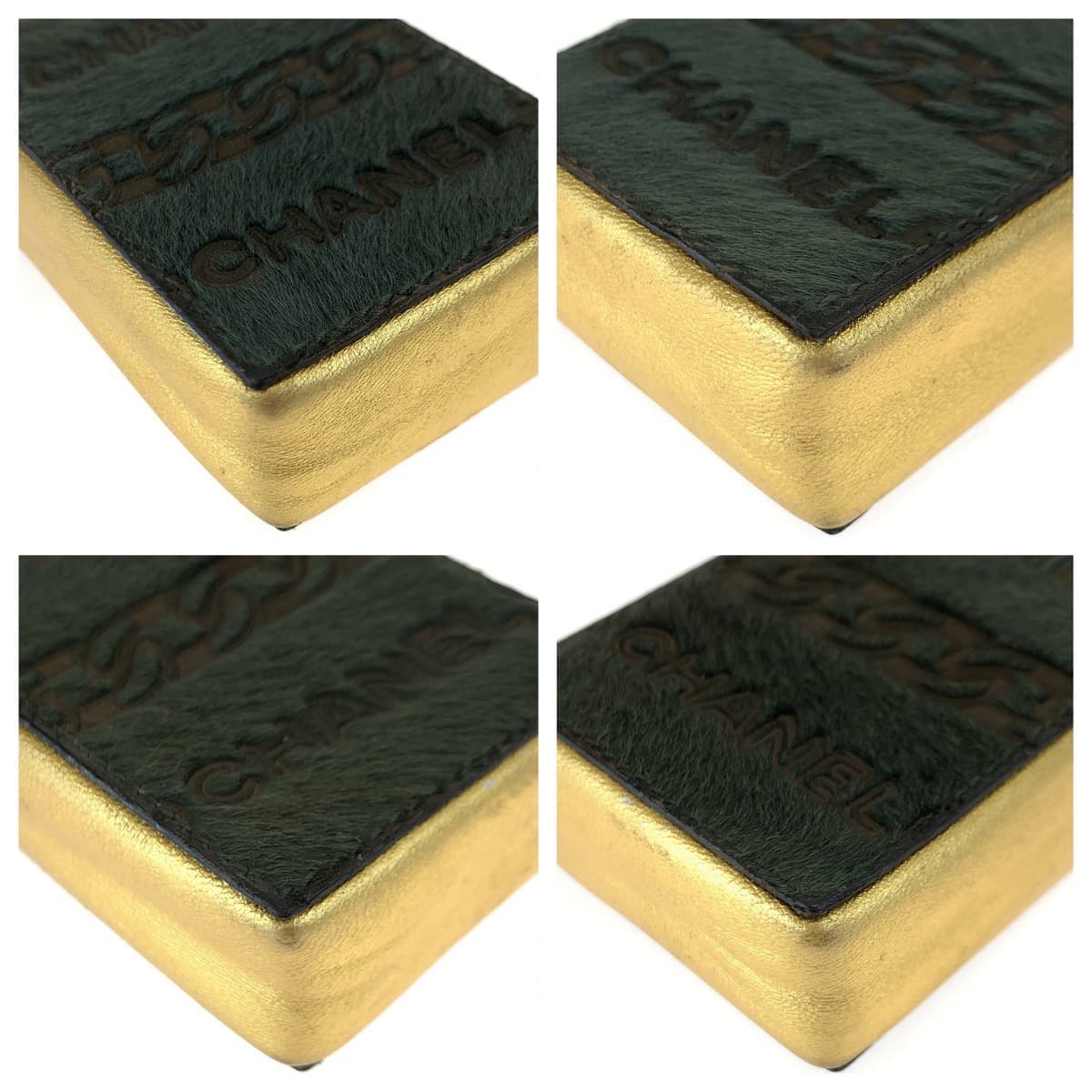 10461
 CHANEL Vintage Coco Mark Khaki Gold Pony/Leather Chain Shoulder Bag Cigarette Case Pouch Women's