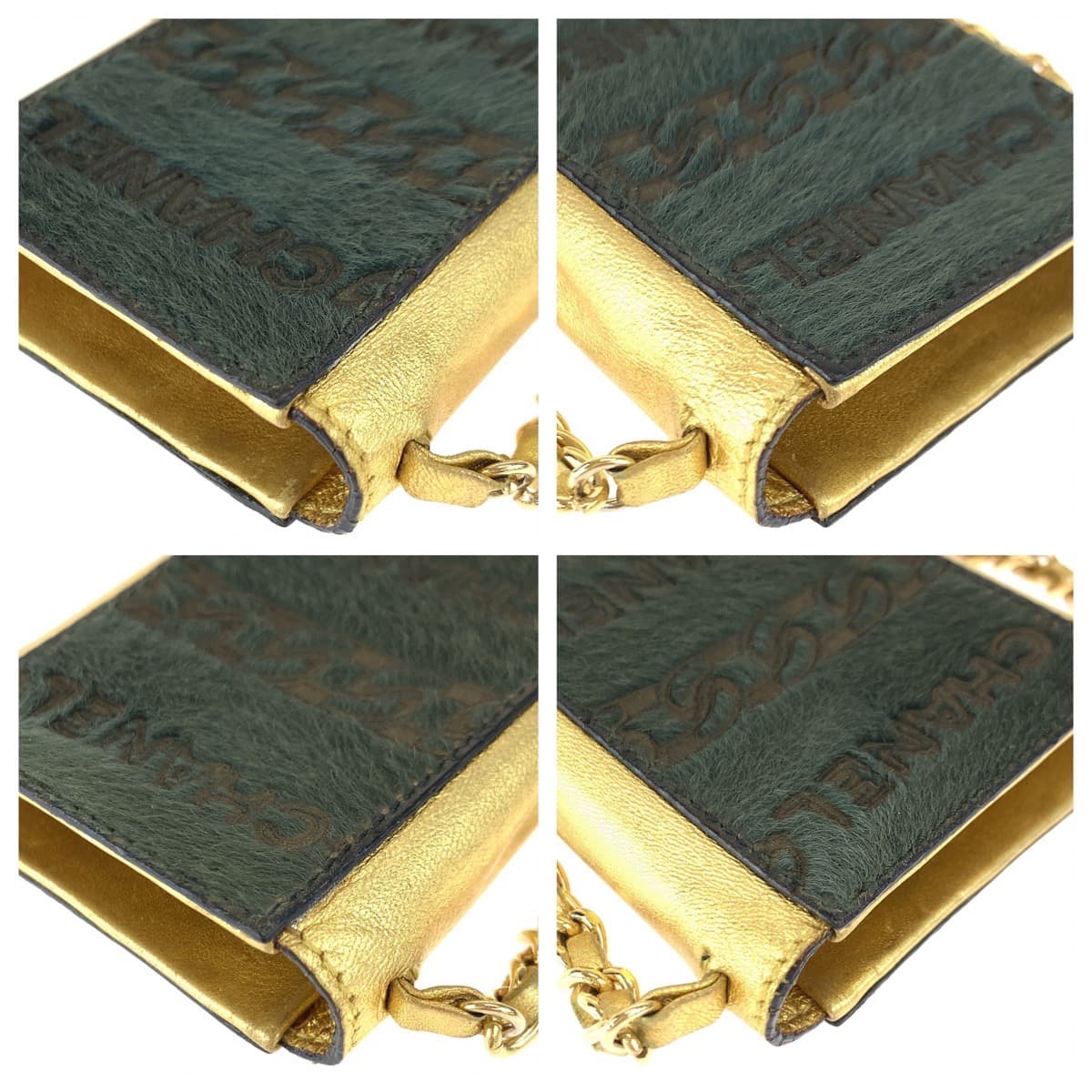 10461
 CHANEL Vintage Coco Mark Khaki Gold Pony/Leather Chain Shoulder Bag Cigarette Case Pouch Women's