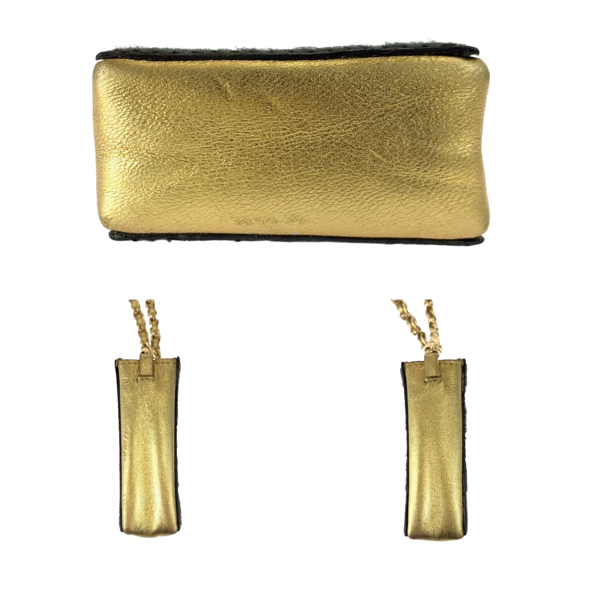 10461
 CHANEL Vintage Coco Mark Khaki Gold Pony/Leather Chain Shoulder Bag Cigarette Case Pouch Women's