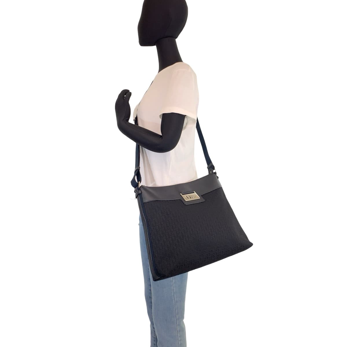 10469
 Dior Trotter Oblique Black Silver Hardware Canvas/Leather Shoulder Bag for Women