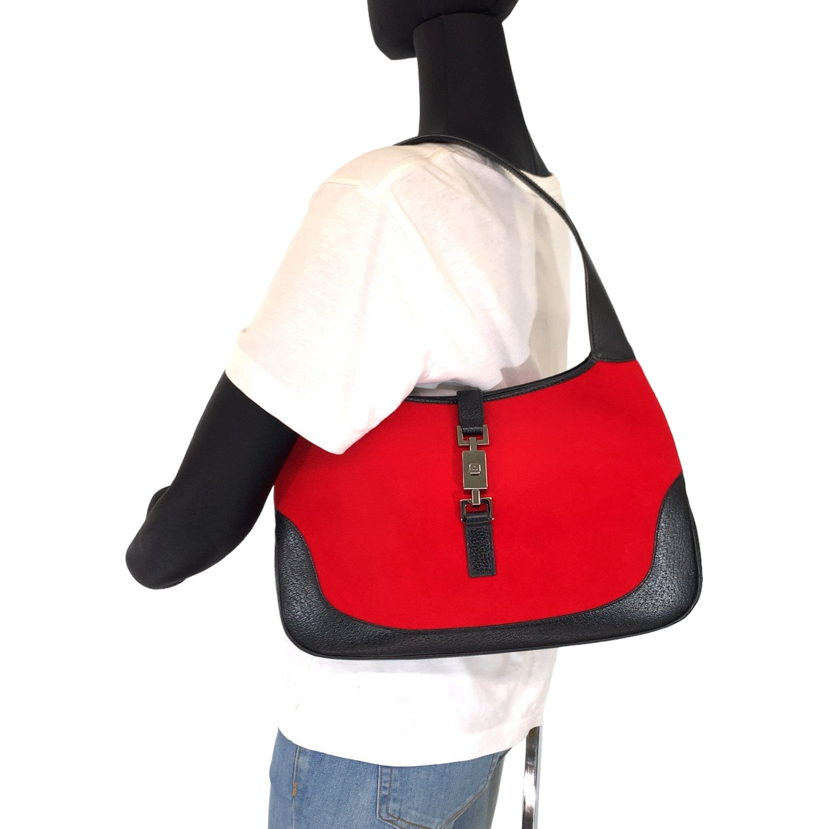 GUCCI グッチ ジャッキー レッド 赤 ブラック 黒 シルバー金具 スウェード 001 3306 ワンショルダーバッグ 肩掛け  レディース