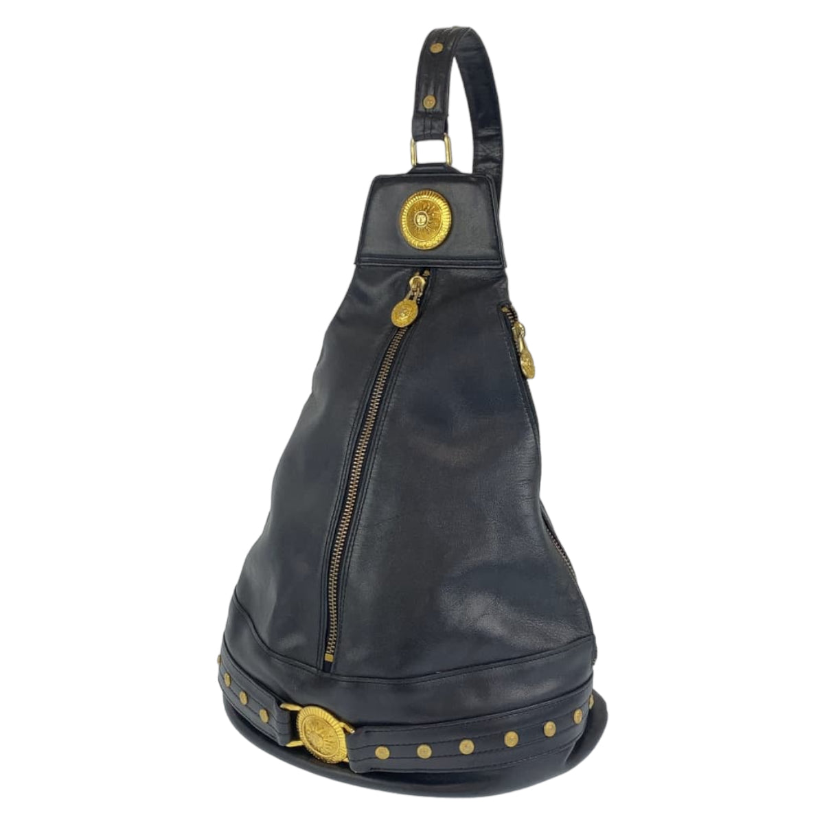 Gianni Versace ジャンニ・ヴェルサーチ ヴィンテージ サンバースト ブラック 黒 ゴールド金具 レザー バケツ型 ワンショルダー  レディース
