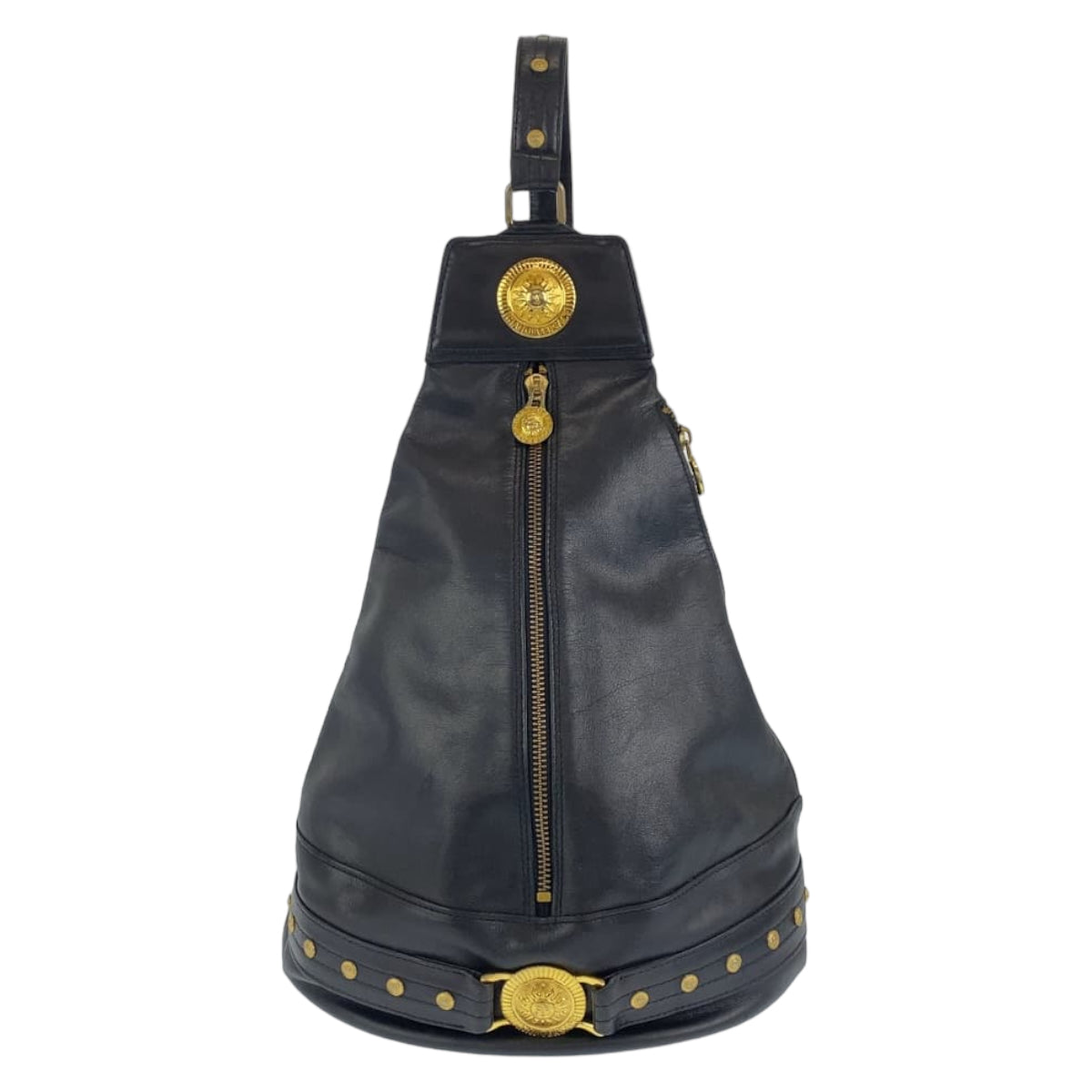 Gianni Versace ジャンニ・ヴェルサーチ ヴィンテージ サンバースト ブラック 黒 ゴールド金具 レザー バケツ型 ワンショルダー  レディース
