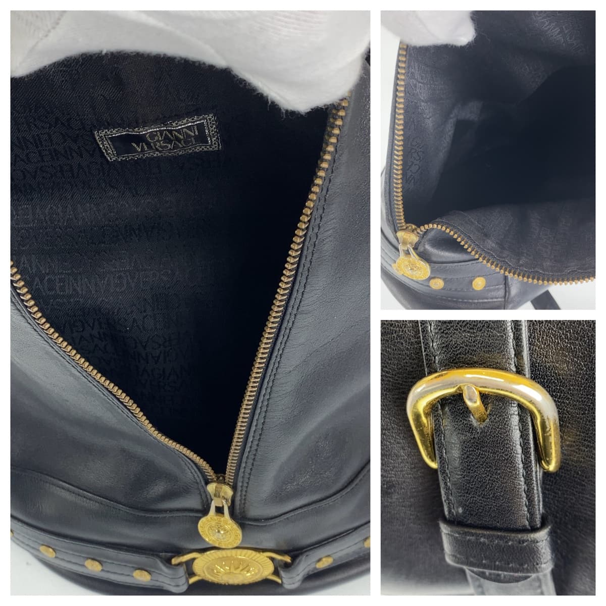 Gianni Versace ジャンニ・ヴェルサーチ ヴィンテージ サンバースト ブラック 黒 ゴールド金具 レザー バケツ型 ワンショルダー  レディース