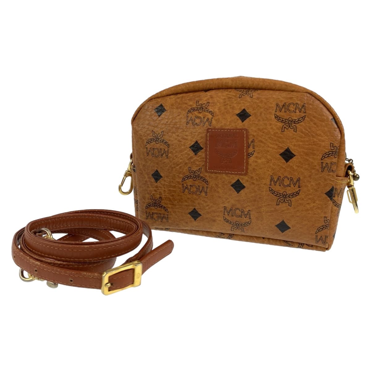 10474
 MCM Vintage Visetos Cognac Brown Gold Hardware Leather Crossbody Shoulder Bag Pochette for Women