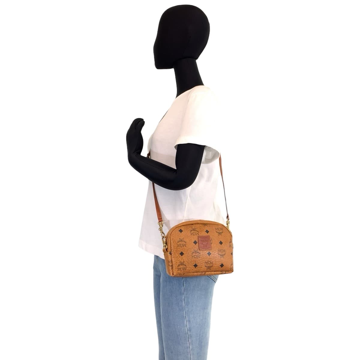 10474
 MCM Vintage Visetos Cognac Brown Gold Hardware Leather Crossbody Shoulder Bag Pochette for Women