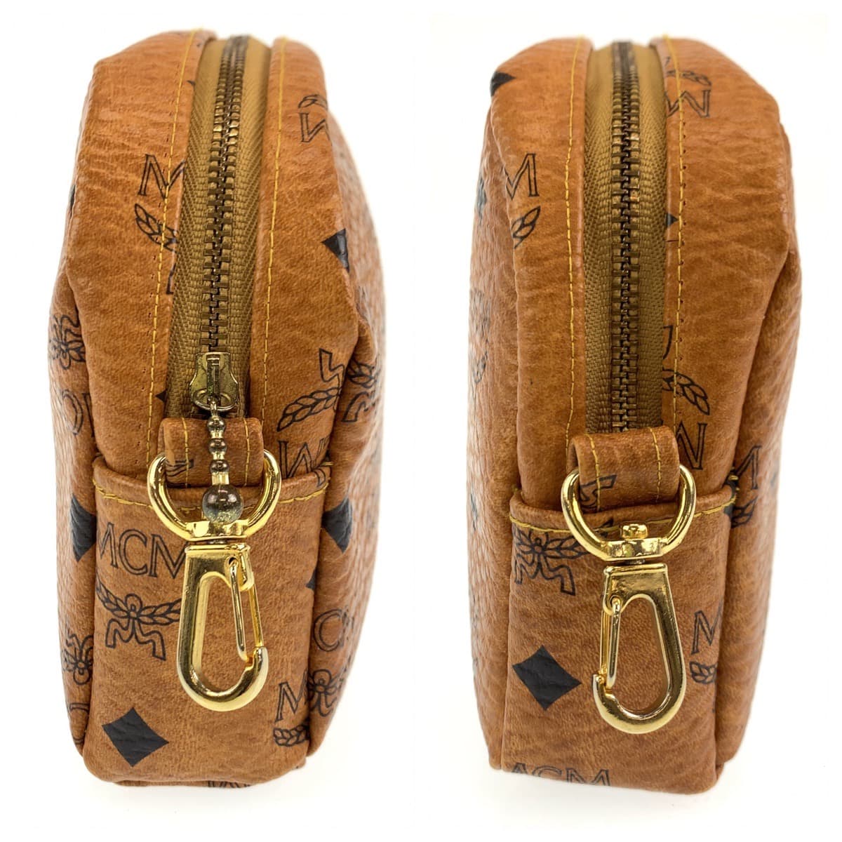 10474
 MCM Vintage Visetos Cognac Brown Gold Hardware Leather Crossbody Shoulder Bag Pochette for Women