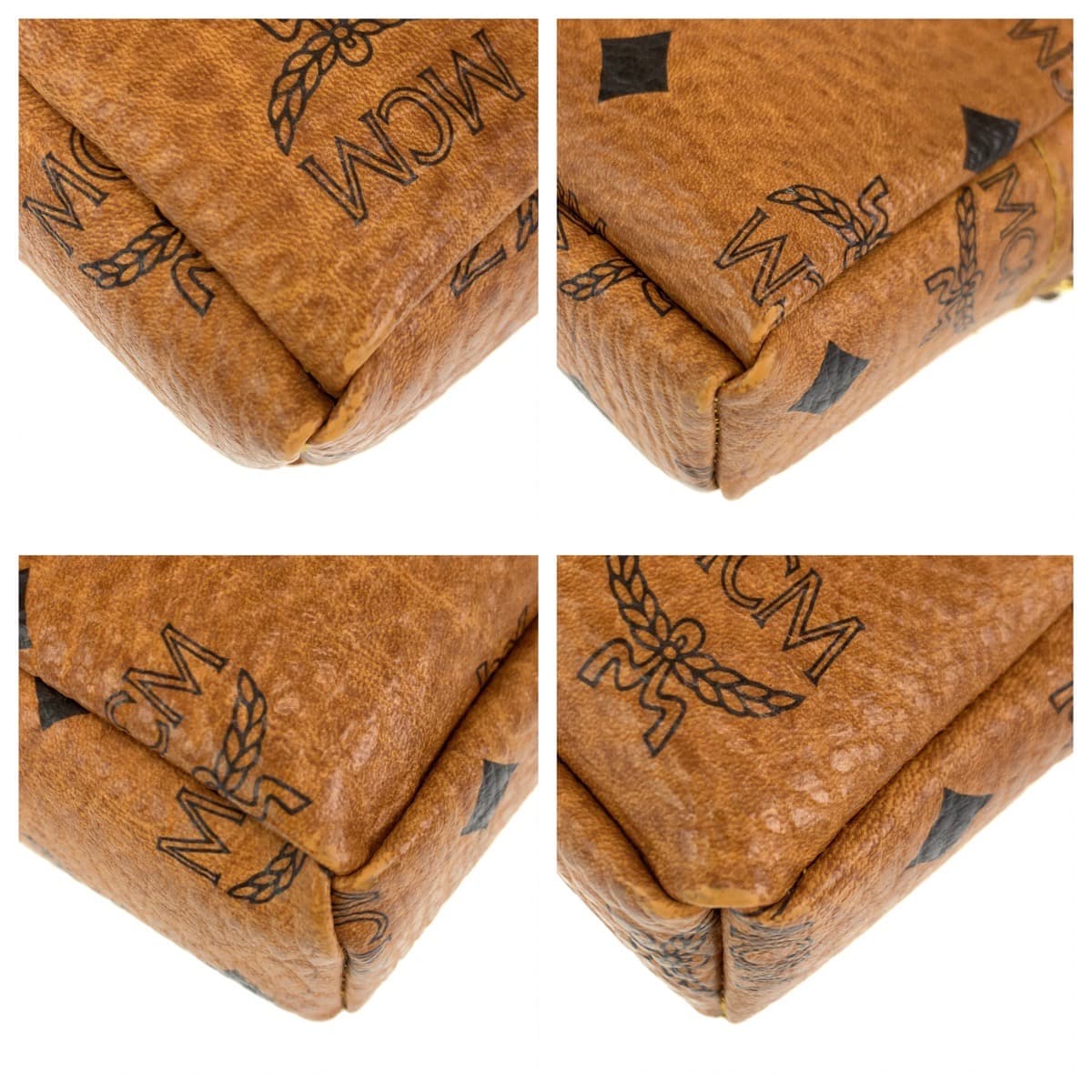 10474
 MCM Vintage Visetos Cognac Brown Gold Hardware Leather Crossbody Shoulder Bag Pochette for Women