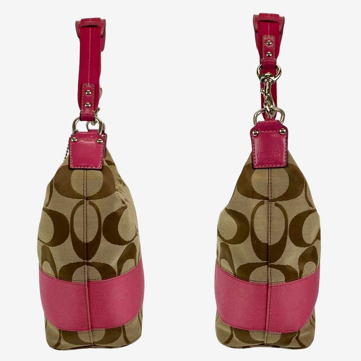 COACH コーチ シグネチャー ベージュ 茶 ピンク シルバー金具 キャンバス ハンドバッグ 肩掛け  レディース