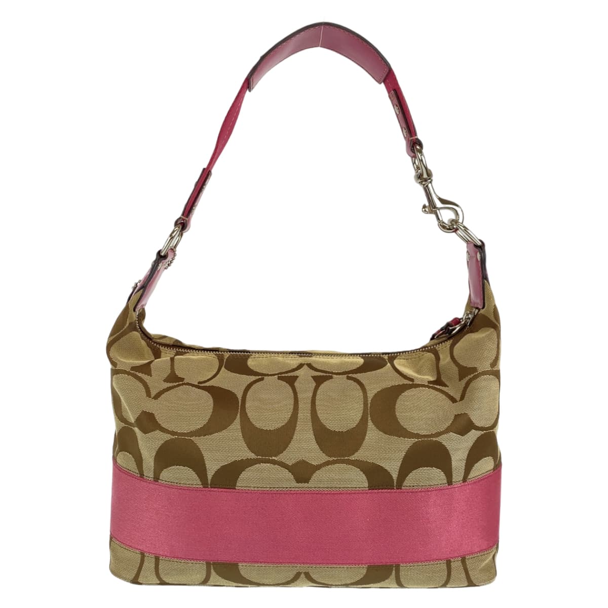 COACH コーチ シグネチャー ベージュ 茶 ピンク シルバー金具 キャンバス ハンドバッグ 肩掛け  レディース