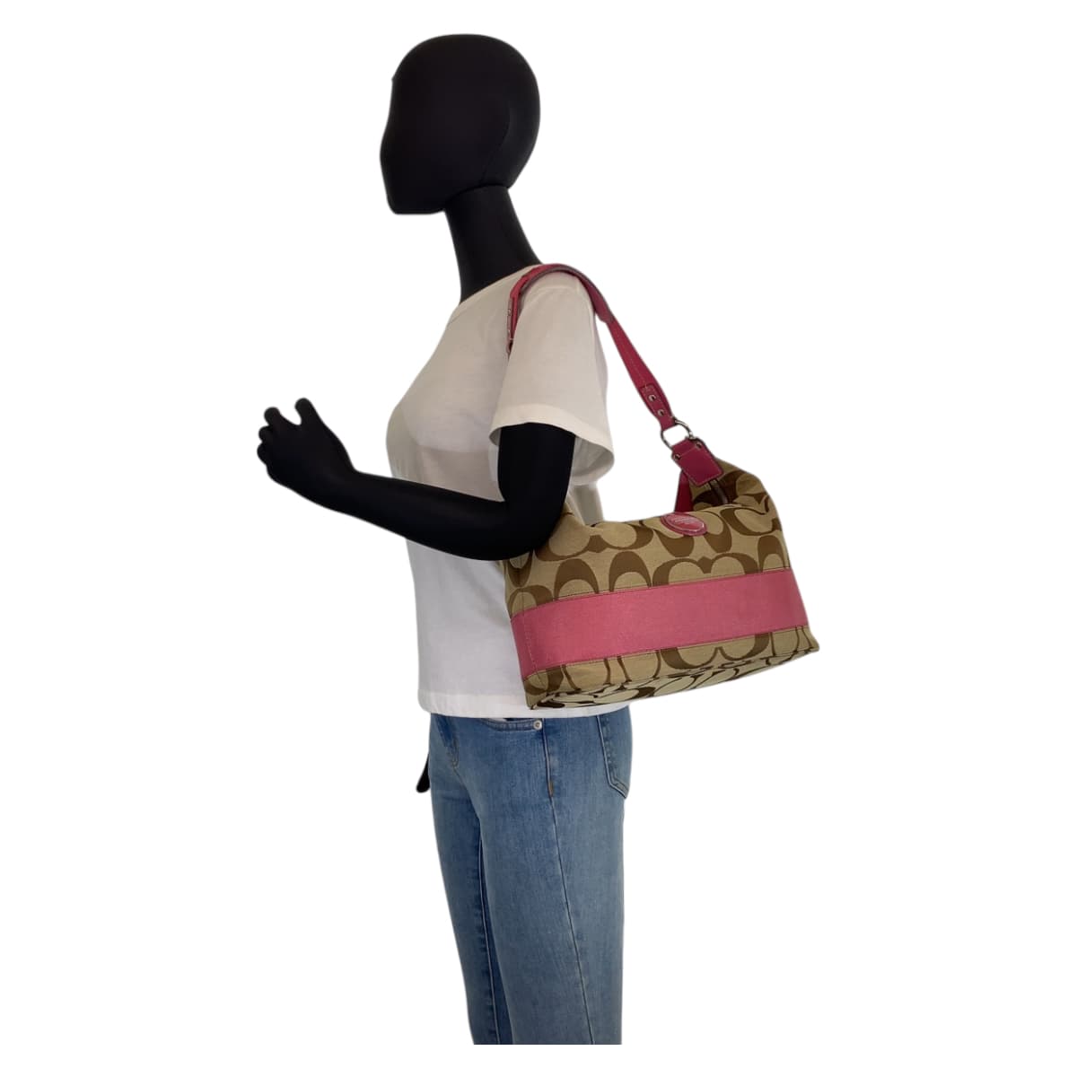 COACH コーチ シグネチャー ベージュ 茶 ピンク シルバー金具 キャンバス ハンドバッグ 肩掛け  レディース